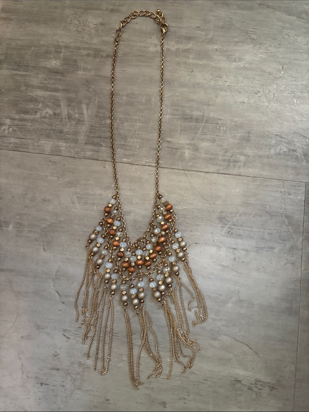 Gold-Tone Fringe Statement Necklace with Pearl and Copper Beads